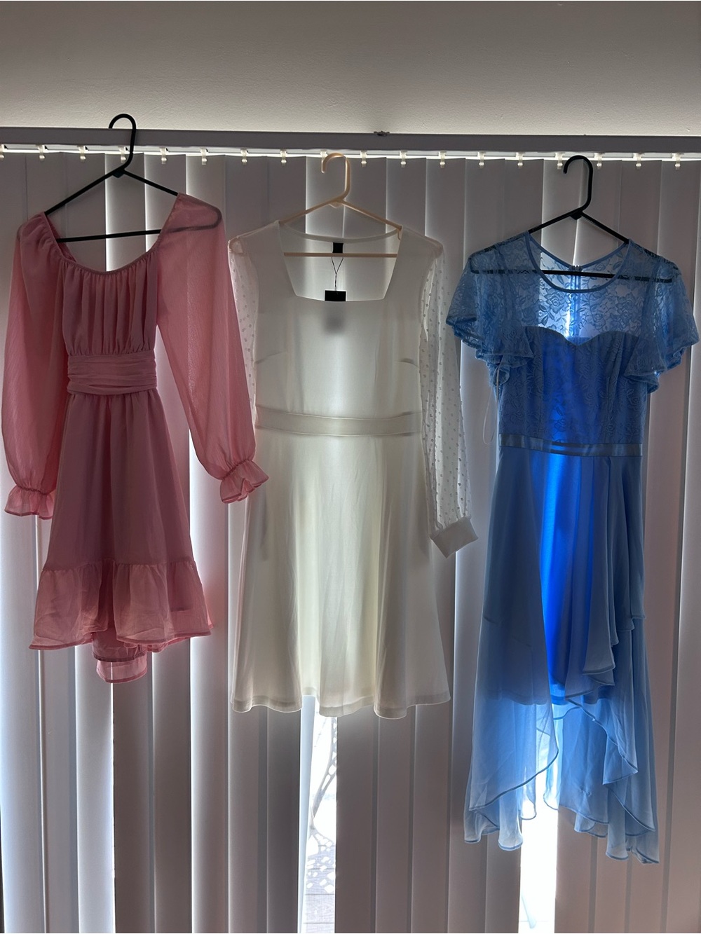 Three Sheer Ruffle Dresses - Pink, White, Blue